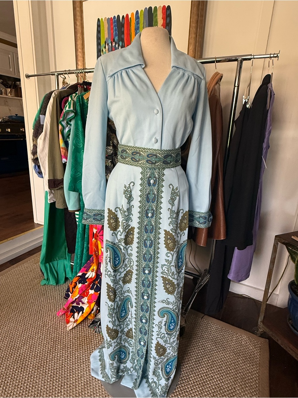 Vintage Light Blue Embroidered Paisley Maxi Dress